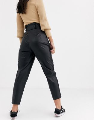 petite high waisted leather look trousers