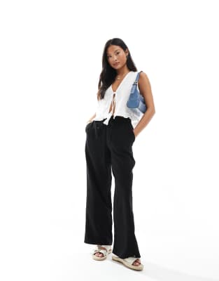 New Look Petite - Leinenhose in Schwarz mit weitem Schnitt