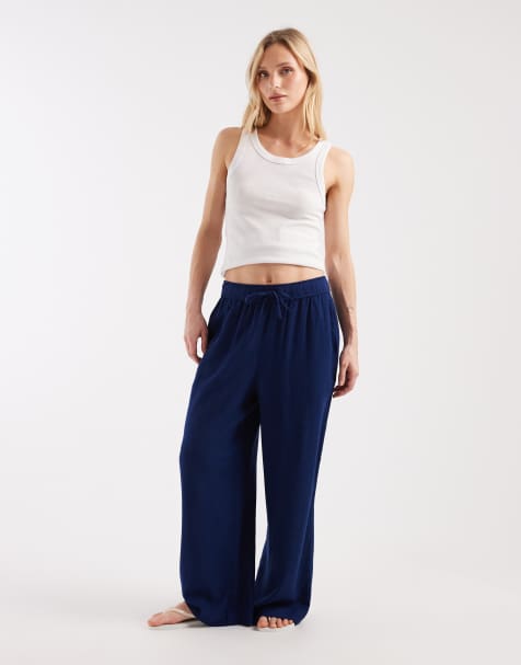 New Look Petite linen blend wide leg pants in navy - view 1