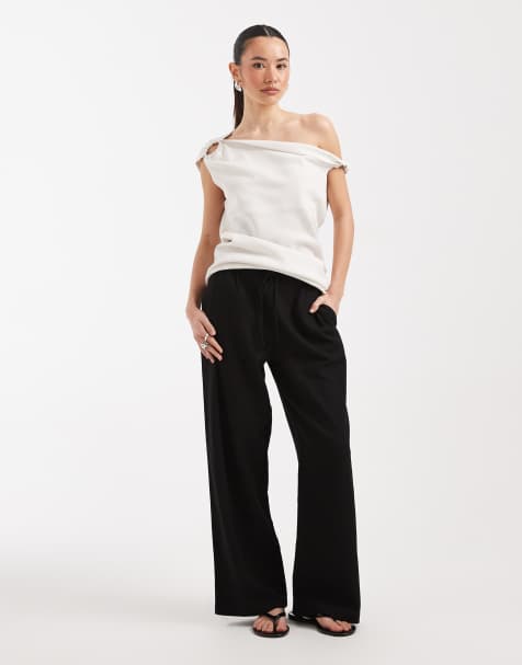 New Look Petite linen wide leg trousers in black