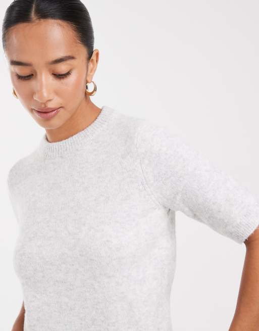 New Look Petite – Ljusgrå, stickad t-shirt med puffärmar, 3 av 4