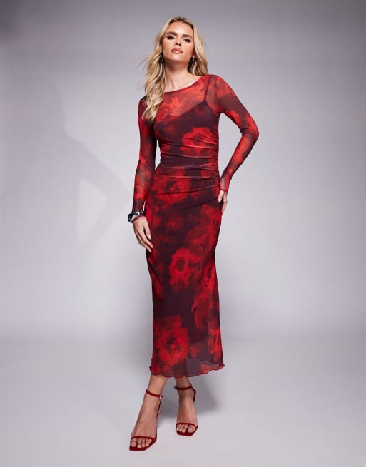 New Look petite long sleeve mesh midi dress in red rose print