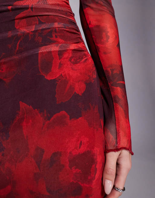petite red dress new look Petite Red Patterned Crepe Midi Dress