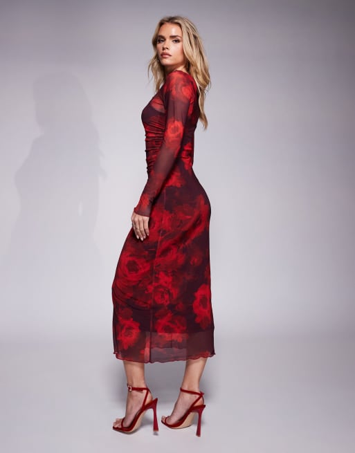 New Look petite long sleeve mesh midi dress in red rose print ASOS