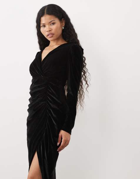 New Look Petite long sleeve velvet drape midi dress in black - view 1