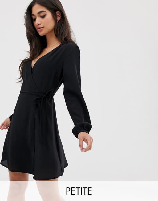 New Look Petite long sleeve wrap mini dress in black | ASOS