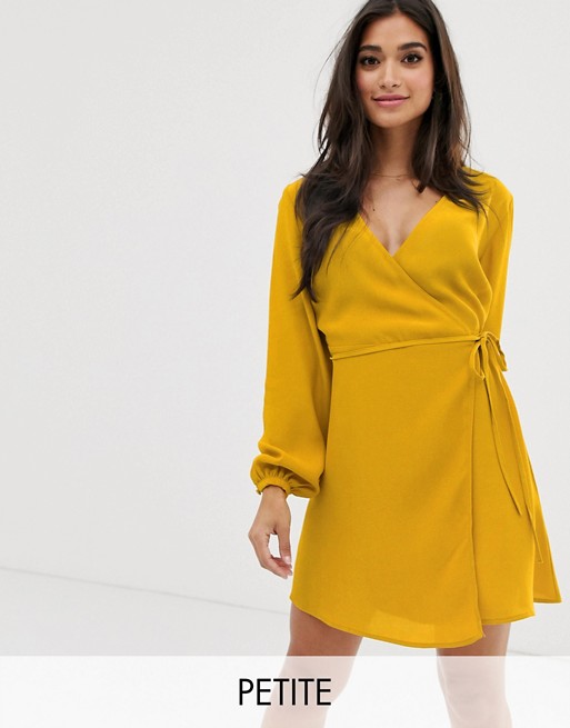 New Look Petite long sleeve wrap mini dress in mustard