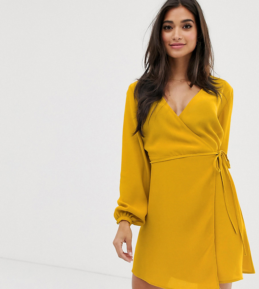 New Look Petite long sleeve wrap mini dress in mustard-Yellow
