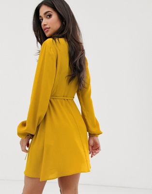 yellow long sleeve wrap dress