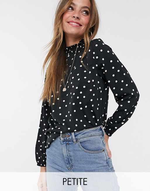 New Look Petite long sleeved blouse in black polka dot