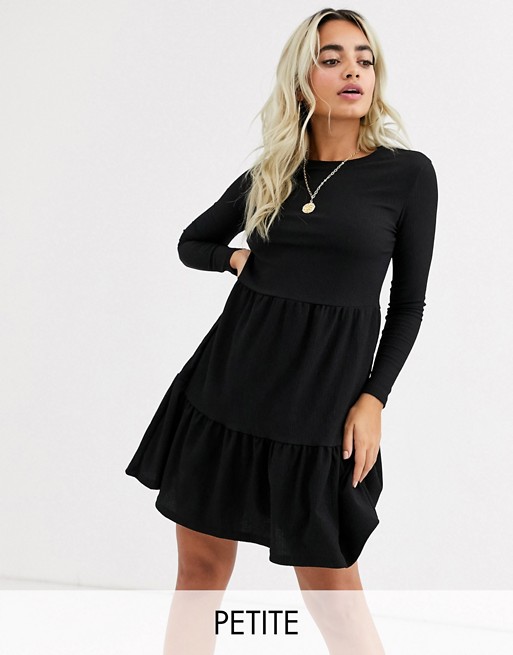 New Look Petite long sleeved mini smock dress in black