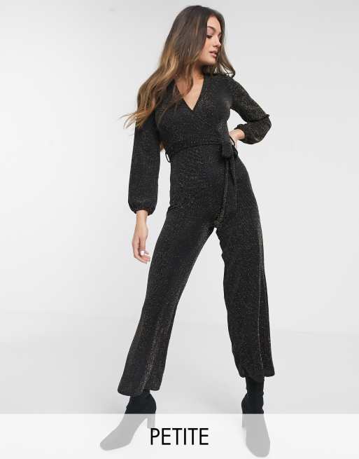 Petite Black Long Sleeve Wrap Jumpsuit