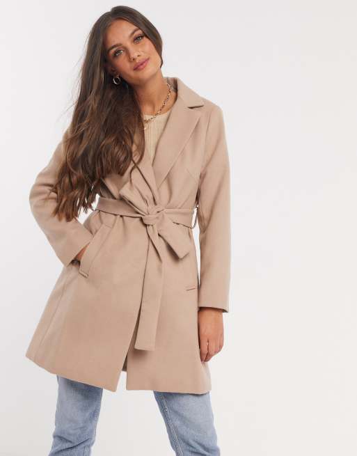 New Look Petite Mantel Mit Gurtel In Camel Asos