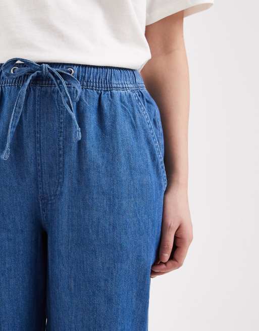 New Look Petite – Mellanblå byxor i chambray-tyg med vida ben, 4 av 5