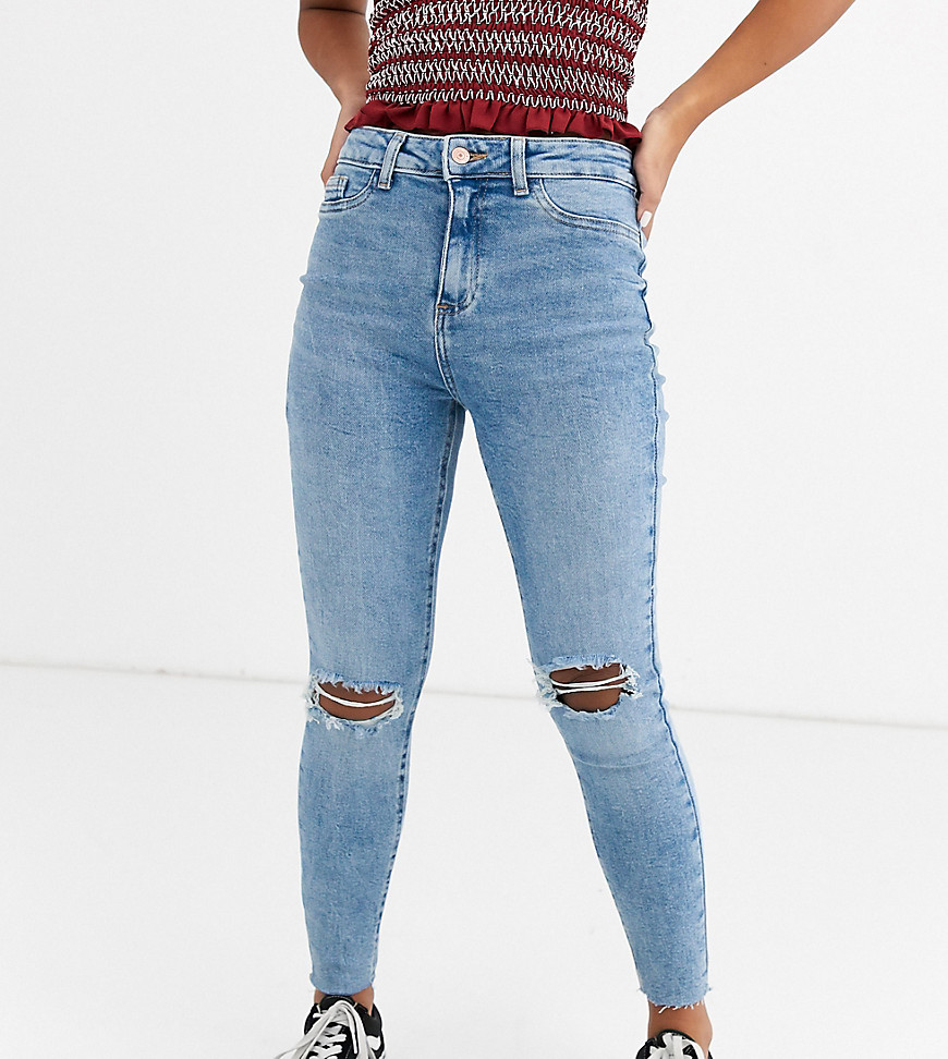 New Look Petite – Mellanblå skinny jeans med revor