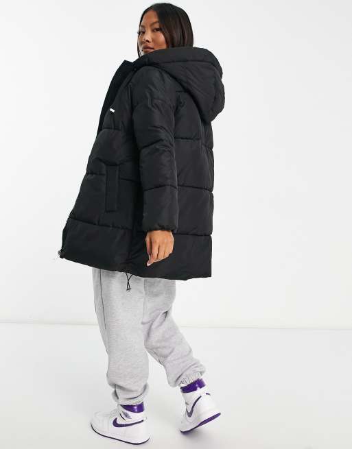 New Look longline padded coat with hood in black