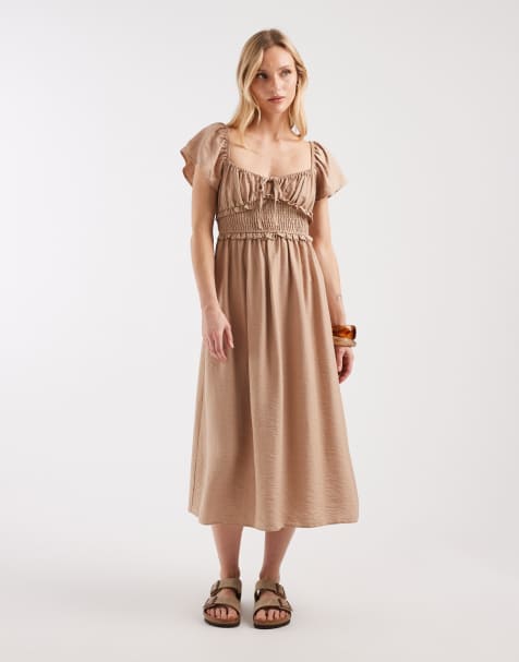 New Look Petite - Midi jurk met gesmokt detail in lichtbruin - view 1