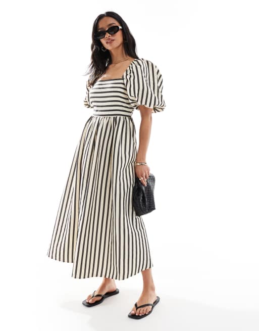New Look Petite - Midi-jurk met pofmouwen en strepen in crème