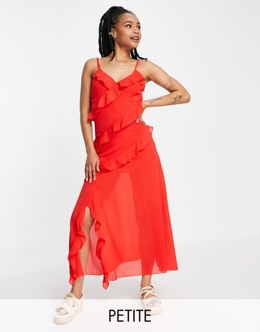 New Look Petite - Midi-jurk met smalle bandjes en ruches in rood