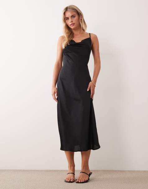 New Look Petite - Midi jurk van satijn met gedrapeerde halslijn in zwart - view 1