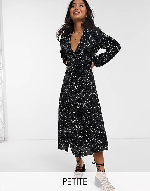 New Look Petite midi polka dot tea dress in black | ASOS