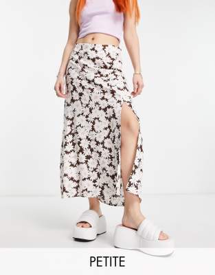 New Look Petite Midi Skirt With Side Slit In Brown Floral