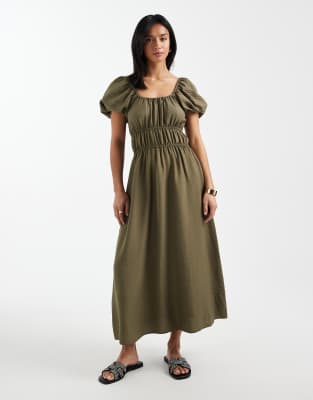 New Look Petite - Midikleid im Milchmädchen-Stil in Khaki-Grün