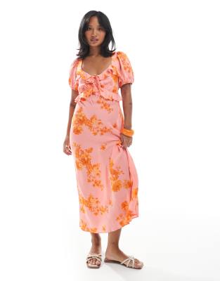New Look Petite - Midikleid in Rosa im Milchmädchen-Stil mit Blumenmuster