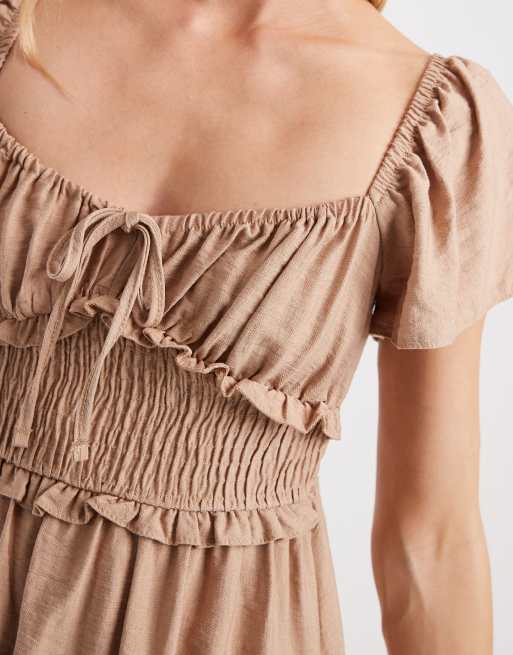 New Look Petite – Midikleid mit gerafftem Detail in Camel, 2 von 4