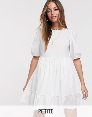 New Look Petite mini poplin smock dress with puff sleeves in white