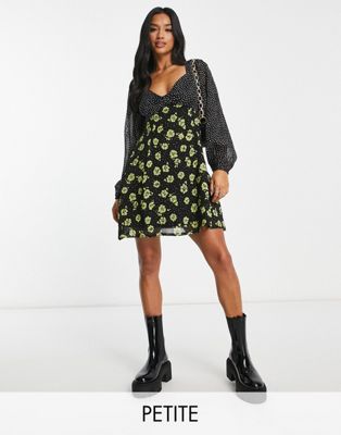 New Look Petite Mixed Print Puff Sleeve Long Sleeve Milkmaid Mini Dress In Black Floral