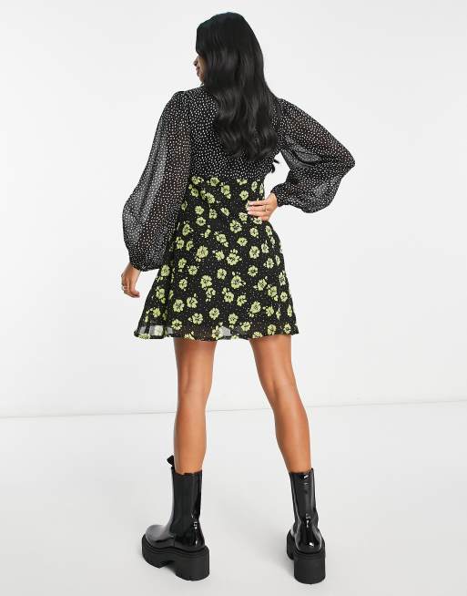 New Look Petite mixed print puff sleeve long sleeve milkmaid mini dress in  black floral