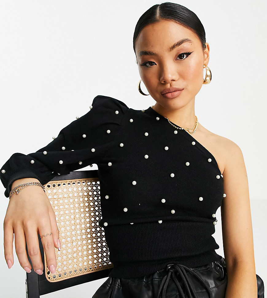 New Look Petite one shoulder puff sleeve sweater with pearl detail in black