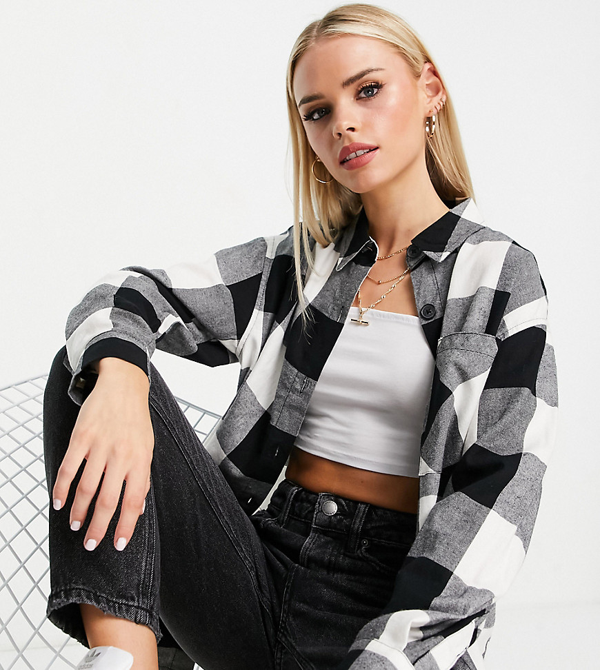 New Look Petite oversized check shirt in black
