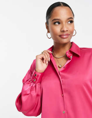 New Look Petite oversized satin shirt dress in bright pink