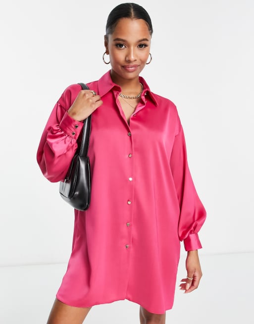 New Look Petite oversized satin shirt dress in bright pink