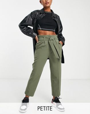 New Look Petite Paperbag Belted Pants In Khaki-green