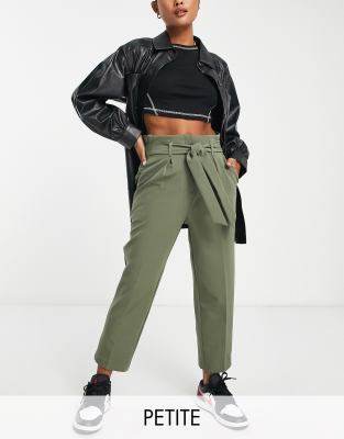 New Look Petite paperbag belted pants in khaki-Green