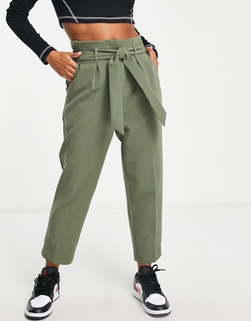 New Look Petite paperbag belted pants in khaki