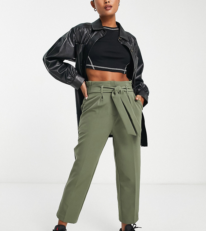 New Look Petite paperbag belted trousers in khaki-Green