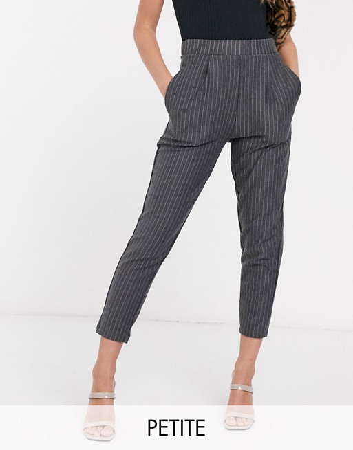 New Look Petite paperbag waist coord trouser in grey pinstripe