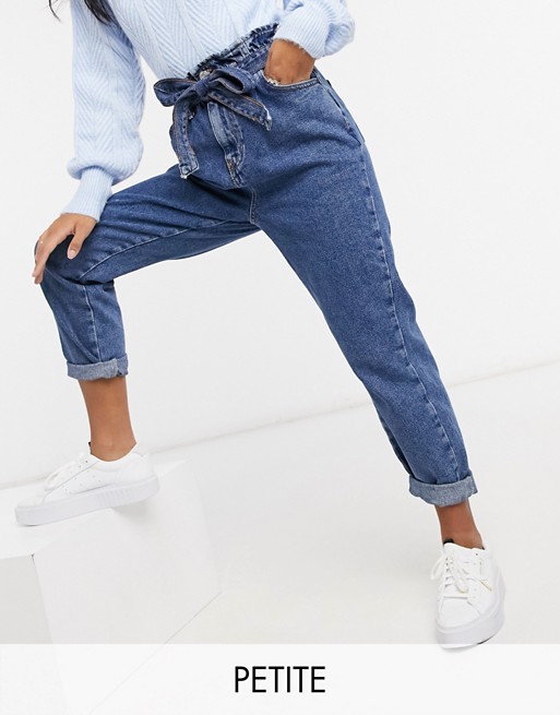 New Look Petite paperbag waist jeans in mid blue