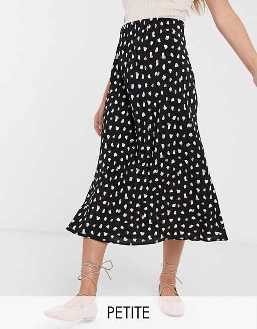 New Look Petite pleated midi skirt in black spot pattern