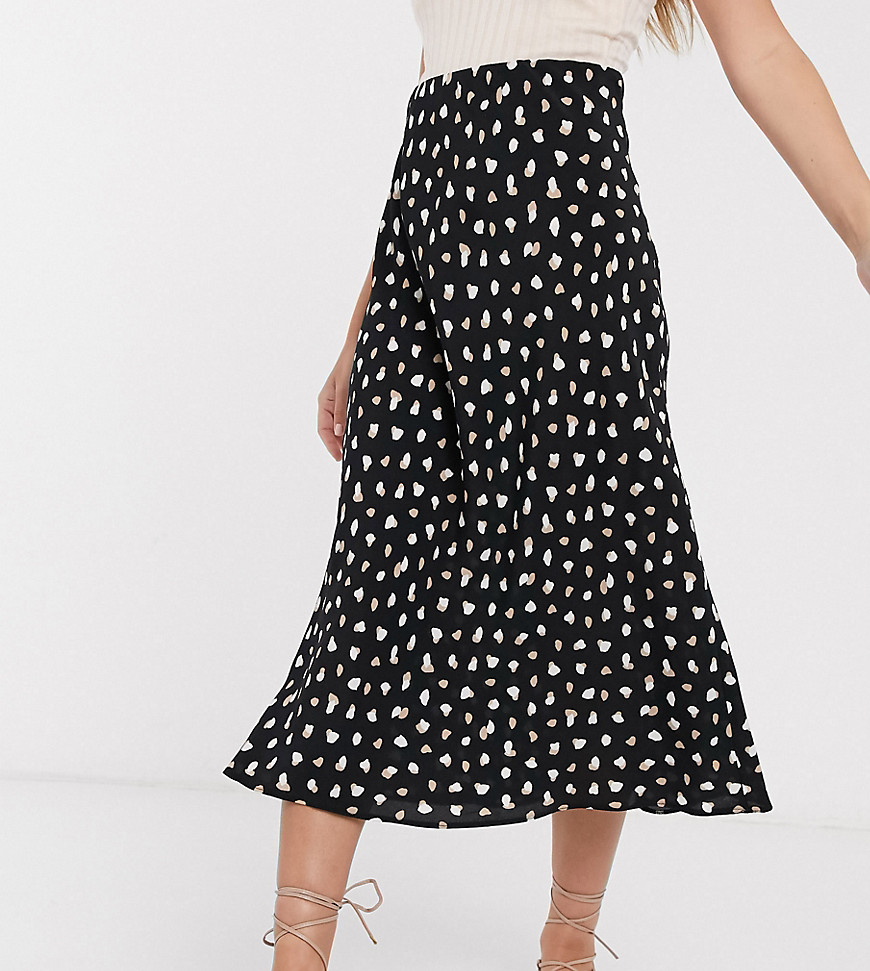 New Look Petite pleated midi skirt in black spot pattern