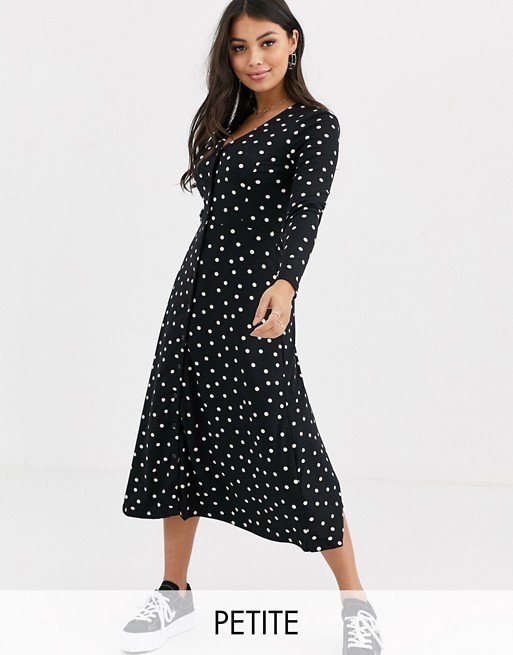 New Look Petite polka dot button front dress in black