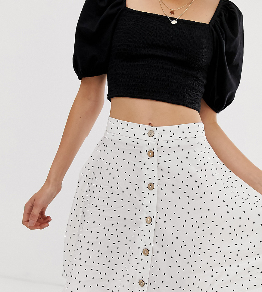 New Look Petite polka dot button through mini skirt in white-Black