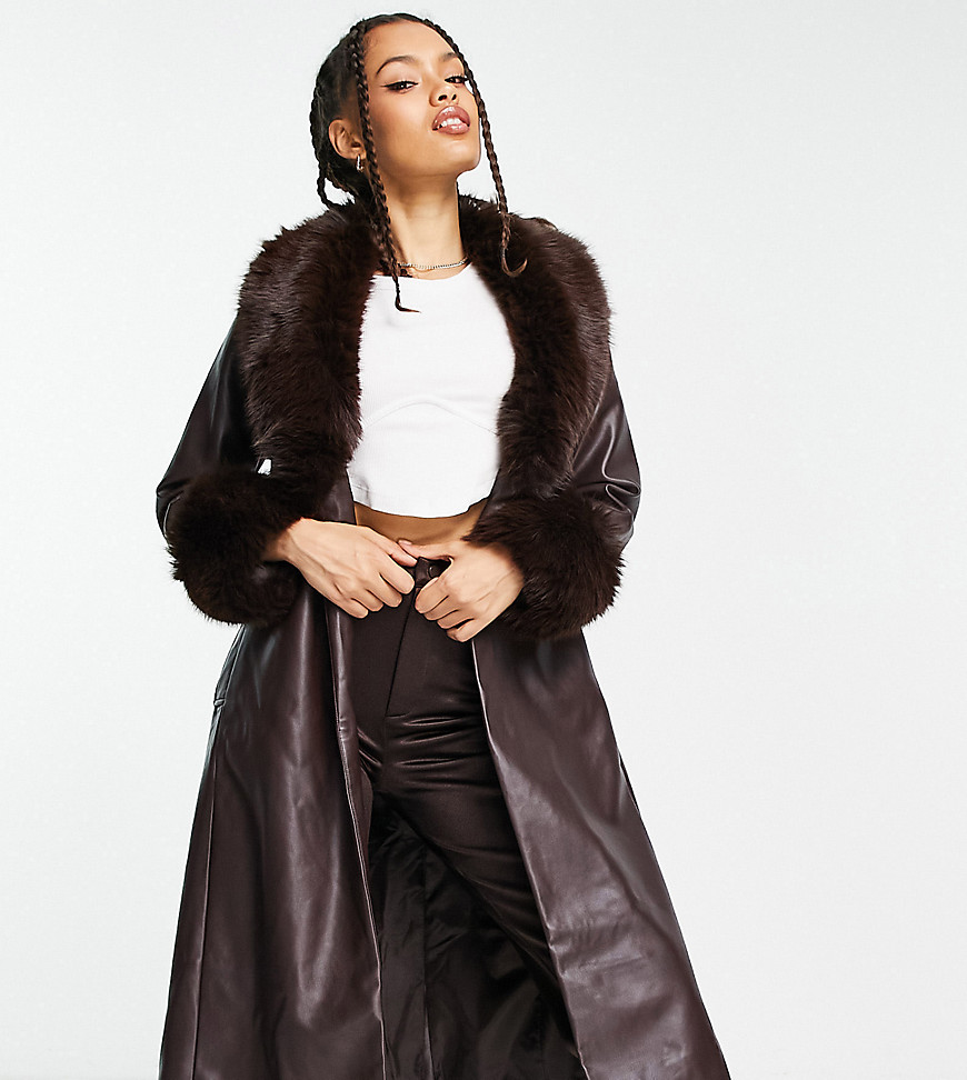 New Look Petite Pu Fur Trim Coat In Brown