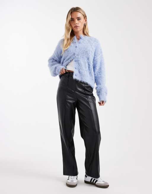New Look Petite PU wide leg trousers in black