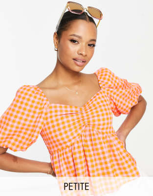 New Look Petite puff sleeve blouse in pink gingham