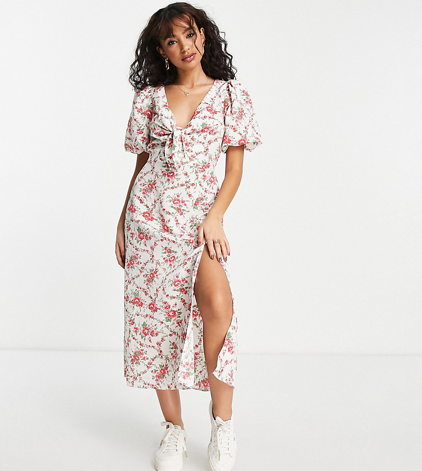 New Look Petite puff sleeve midi dress with tie front in white floral
